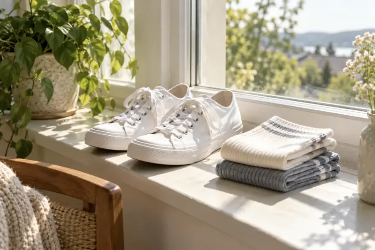 Clean white sneakers and folded cotton socks airing on a sunny windowsill