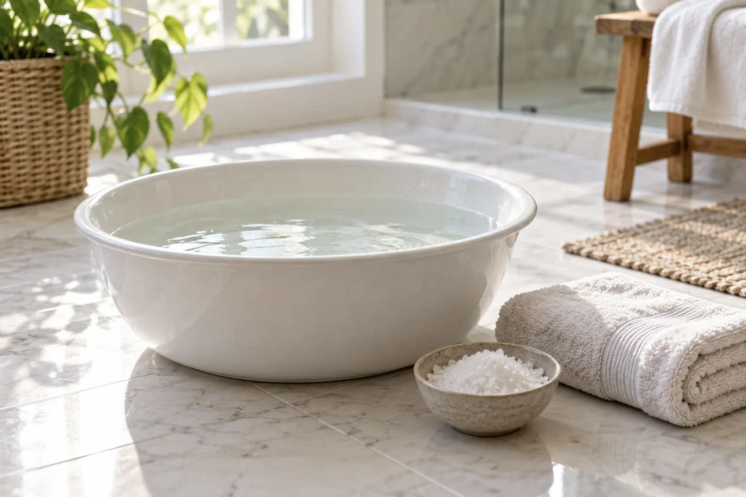 White basin of warm water for a foot soak with a towel and a bowl of sea salt