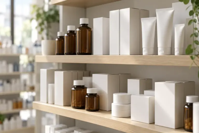 Pharmacy shelf with plain unbranded boxes, tubes and amber bottles