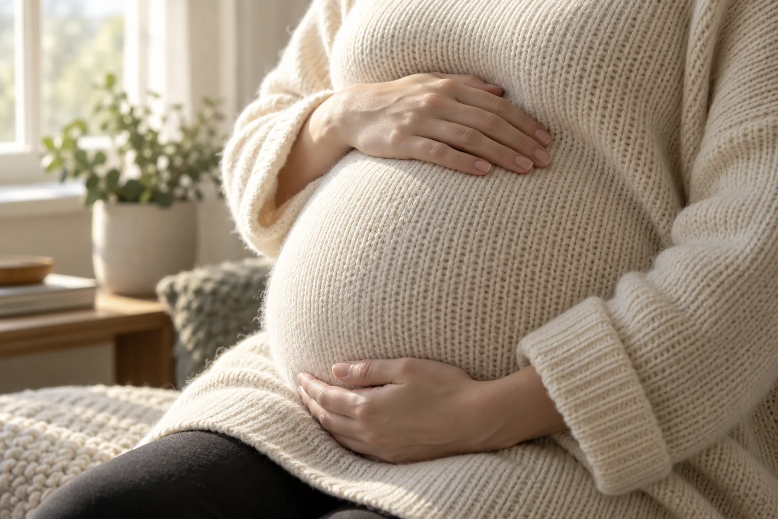 Pregnant woman's hands resting on her belly in a cream knit sweater